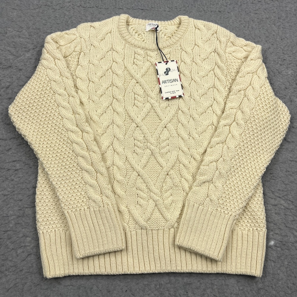 NEW Artisian Knitwear Sweater Womens Large Cream 100% New Wool Cable Knit Jumper